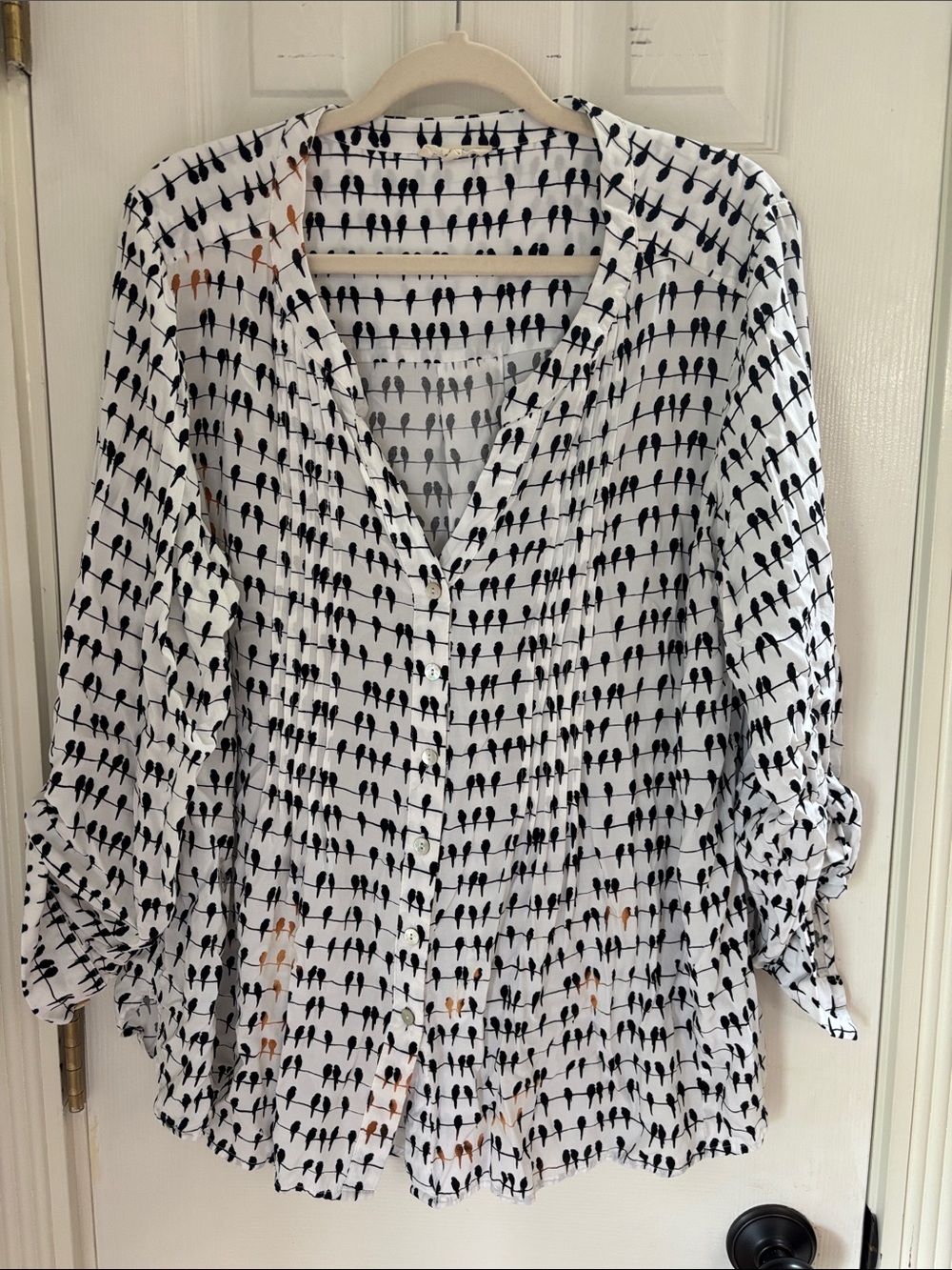 Women's White Bird-Print Button Front Top